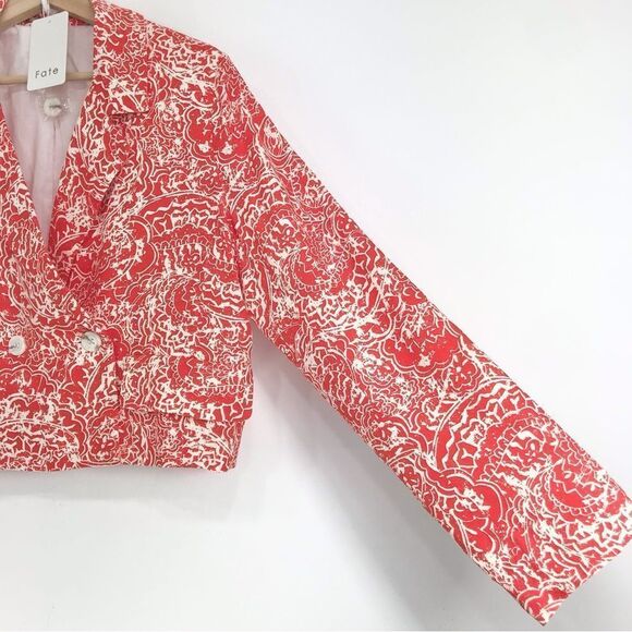 FATE Red Orange Cotton Linen Abstract Floral Cropped V Neck Spring Blazer NEW - Picture 9 of 16